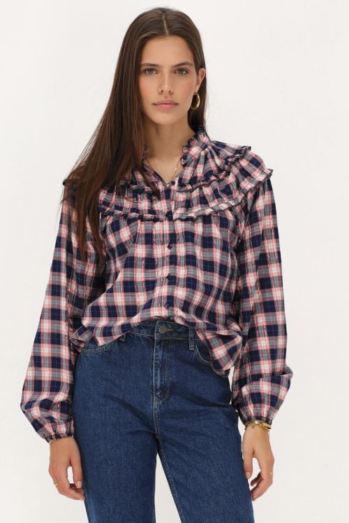 Donkerblauwe blouse met roze ruitjes en lurex