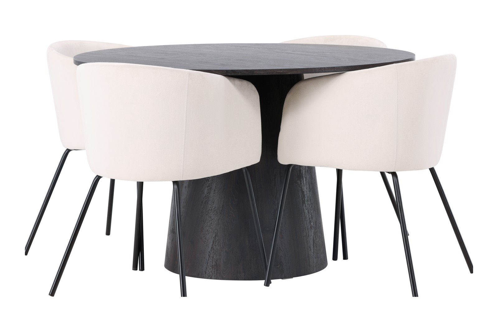 Lanzo og Berit Spisegruppe Lanzo rundt spisebord ø120cm i mocca med 4 stk. Berit med arm spisestoler i Beige fløyel og sorte ben.