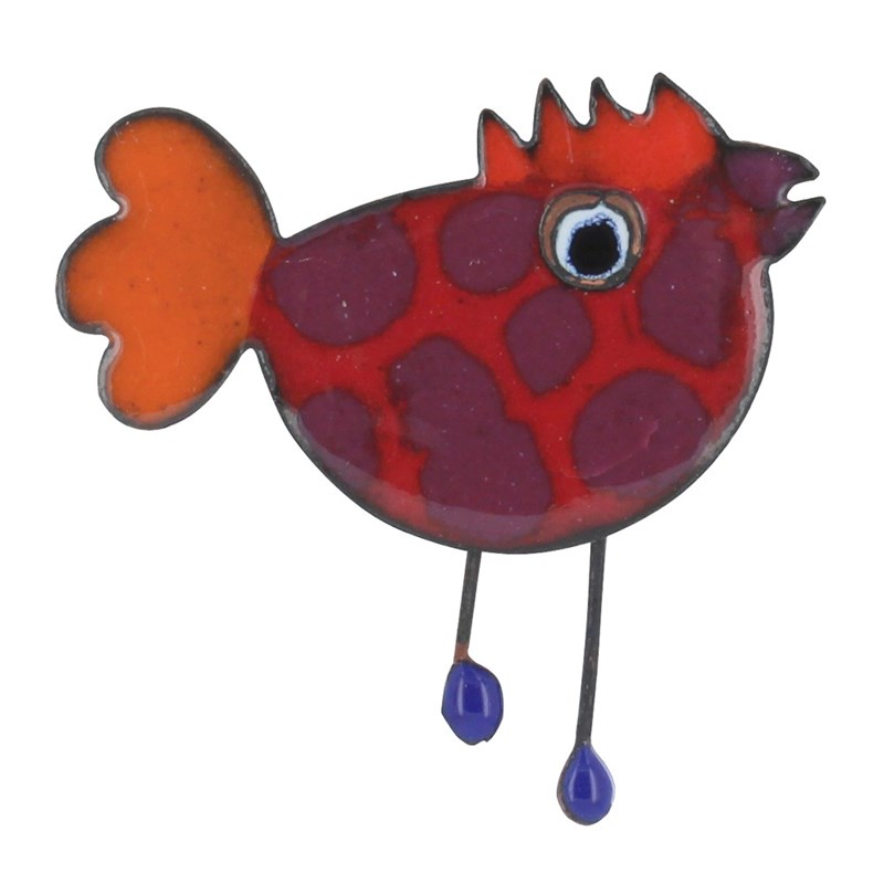 Broche Poule Émaillée Rouge à Pois Violet