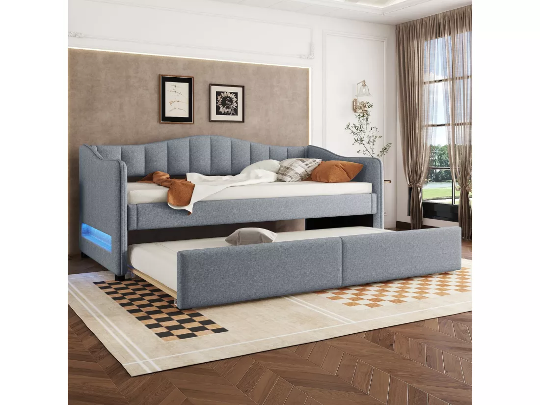 Lit banquette 90x200cm avec LED + lit gigogne 90x190cm - rembourré en tissu lin - Gris (matelas non inclus)