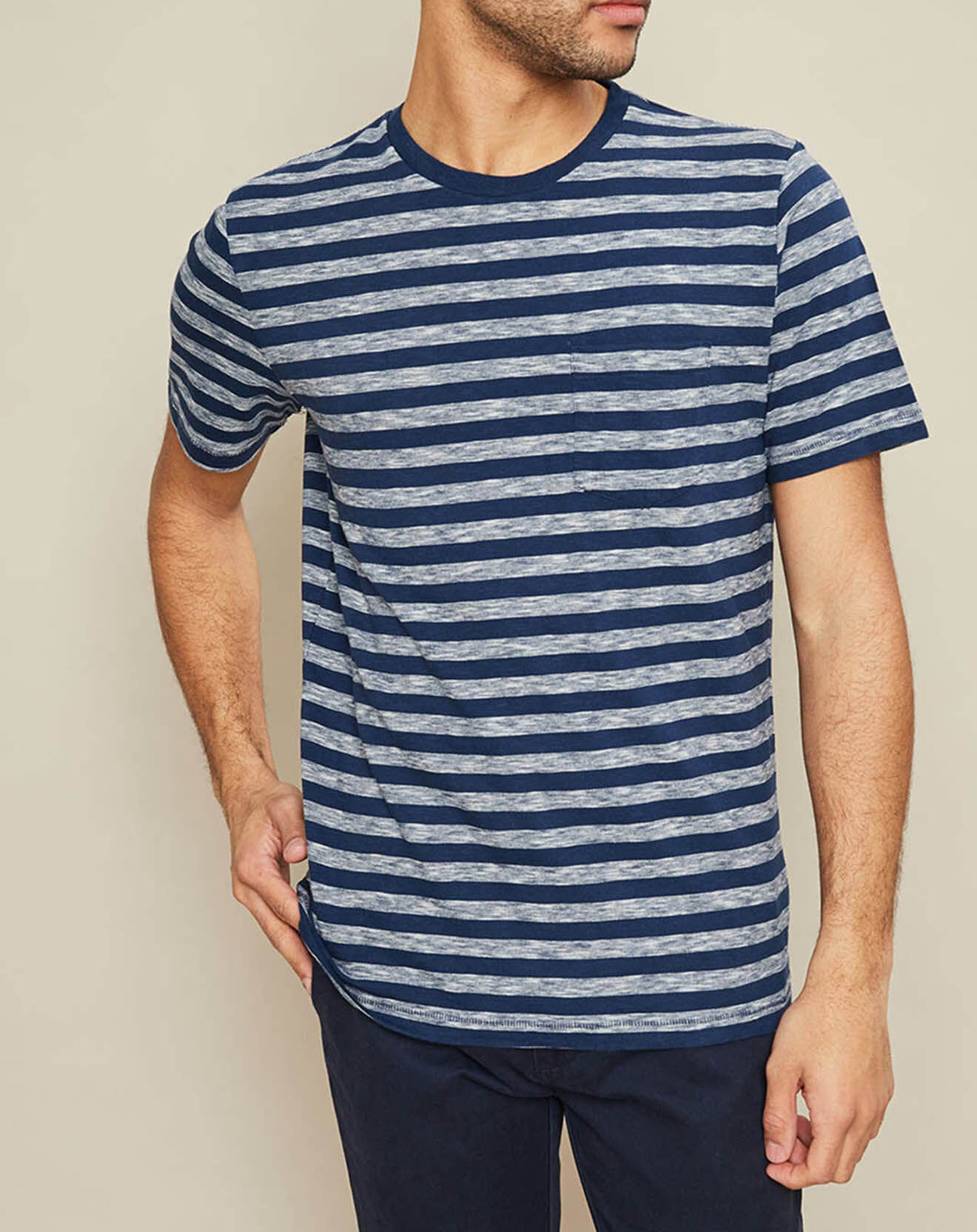 Hartford T-Shirt Pocket Crew rayé bleu marine/blanc