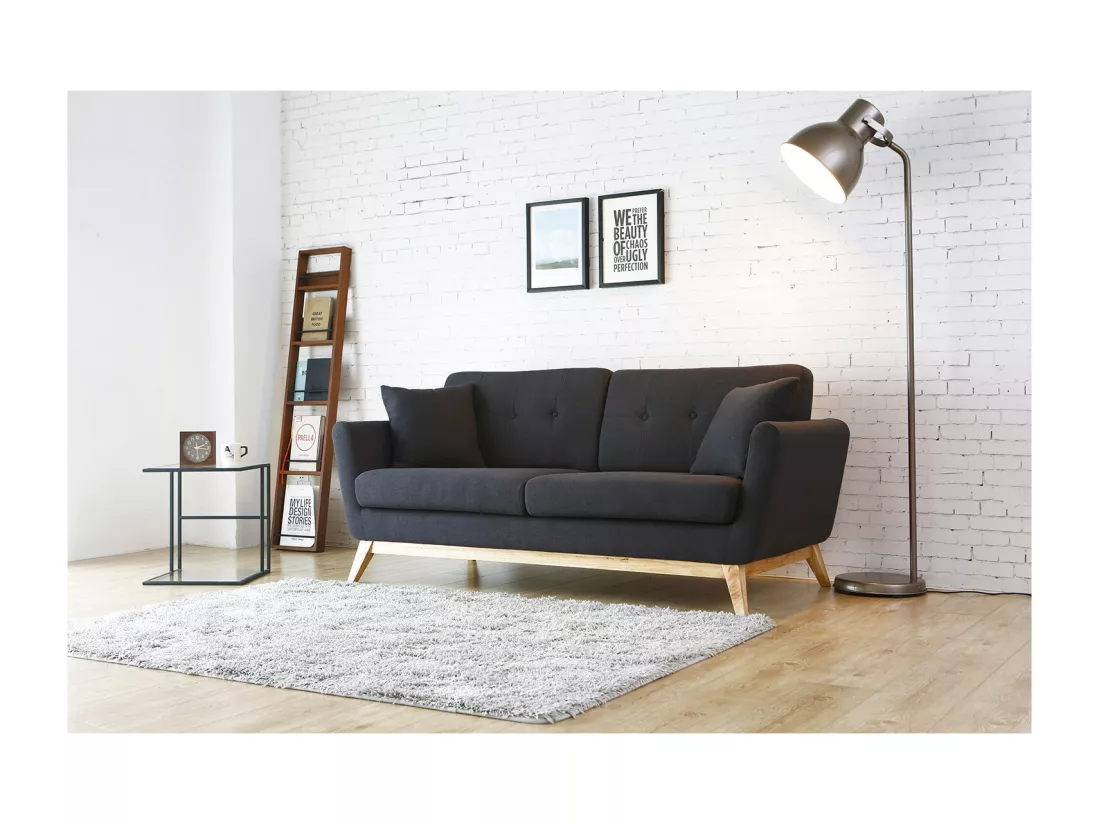Canapé droit scandinave 3 places tissu gris anthracite HOGA