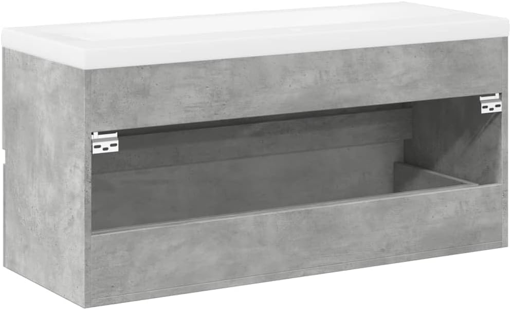 2-TLG. Badmöbel-Set Betongrau, Holzwerkstoff, 100 cm Breite, mit Keramik-Waschbecken, wandmontiert, für modernes Badezimmer