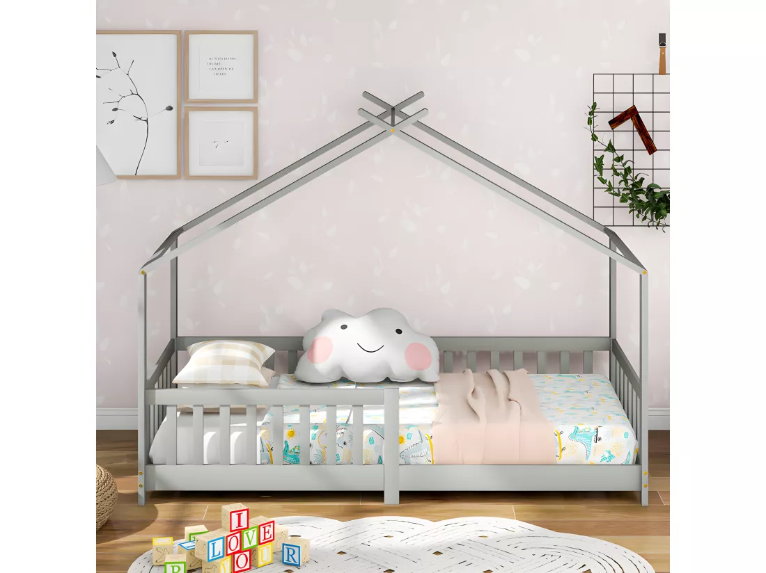 Lit cabane lit enfant 90x200cm en bois massif avec protection antichute et sommier à lattes - Gris