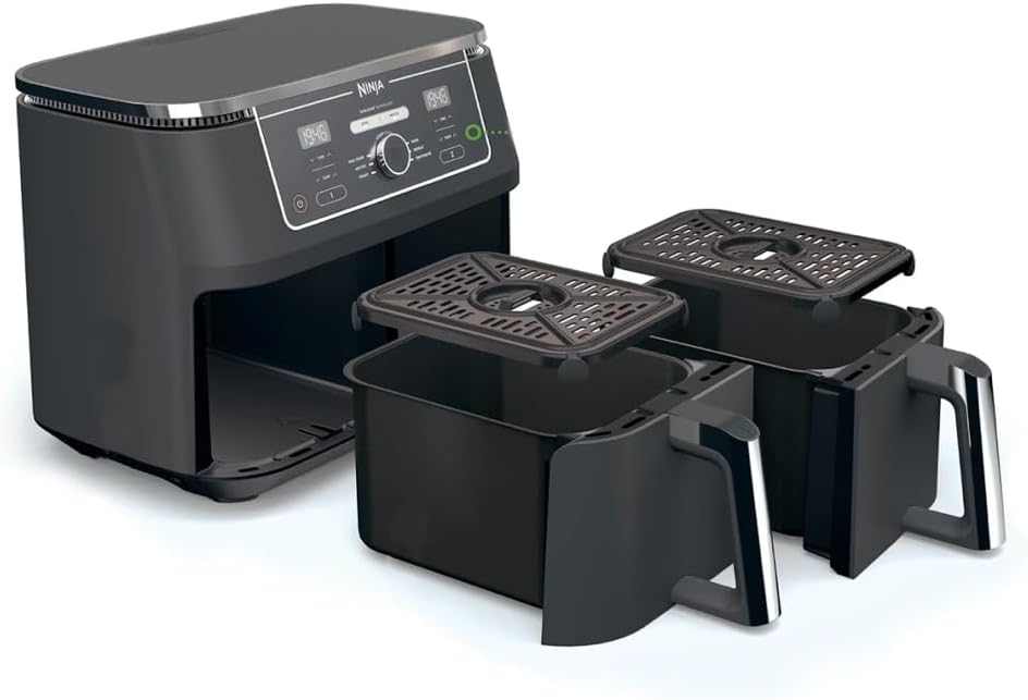 Ninja Foodi MAX Friteuse à air numérique double zone, 2 tiroirs, 9,5 L, 6 en 1, n'utilise pas d'huile, Max Crisp, rôtir, cuire, réchauffer, déshydrater, cuire 8 portions, paniers antiadhésifs lavable