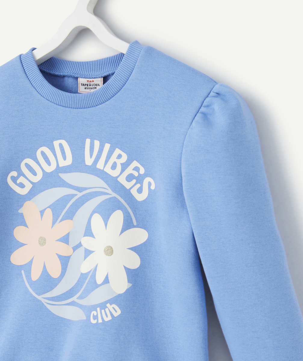 SWEAT FILLE EN FIBRES RECYCLÉES BLEU MOTIF THÈME GOOD VIBES