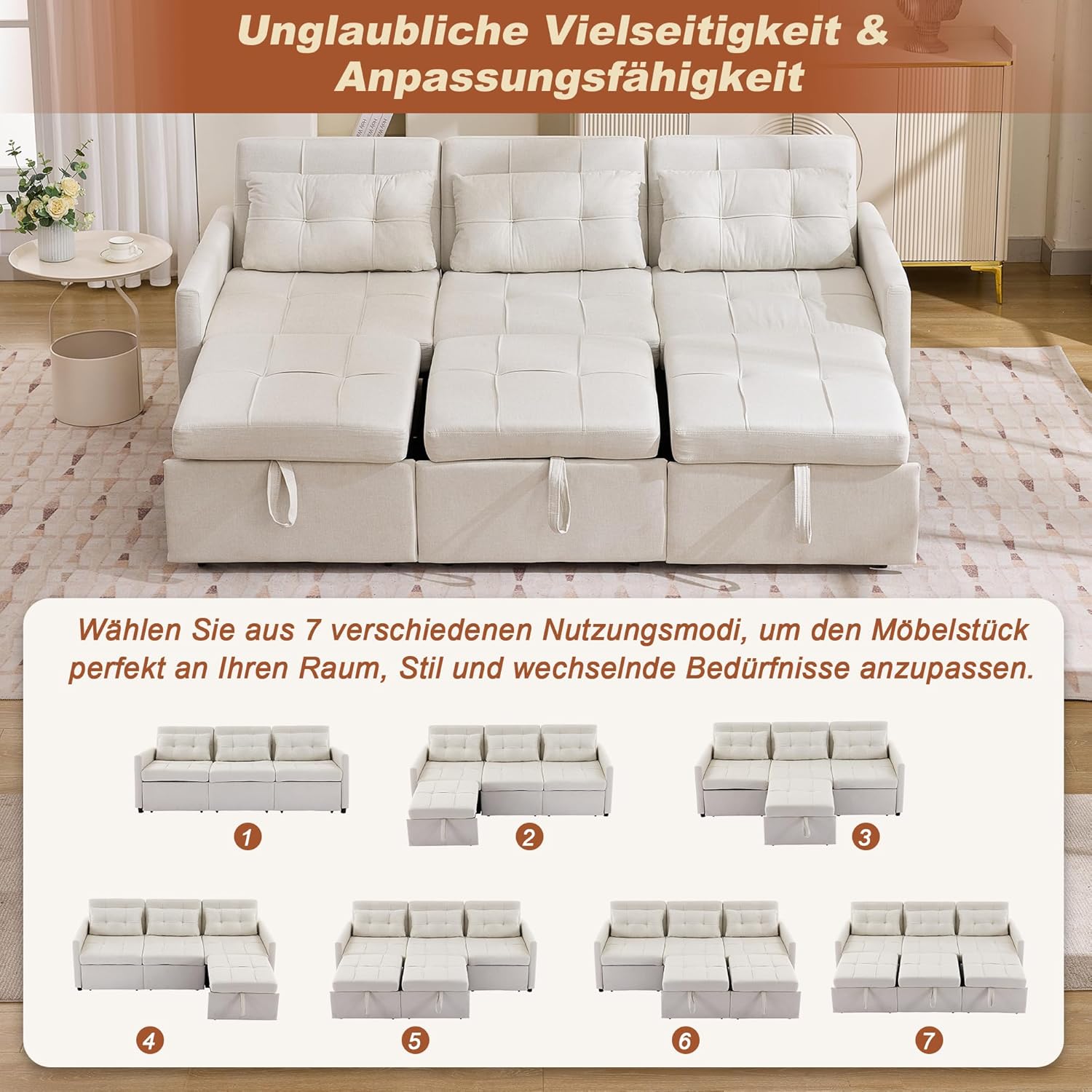 Bladez L-förmiges Ecksofa mit Schlaffunktion Schlafsofa mit Verstellbare Rückenlehne Modernes 3-Sitzer Eckcouch mit Chaise Longue für Wohnzimmer (Beige-C)