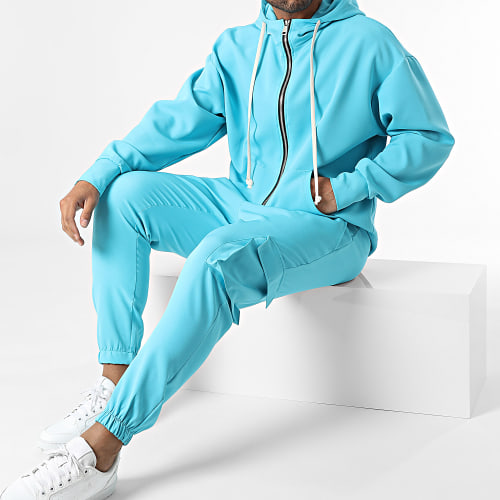 Ensemble De Survetement Sweat Zippé Capuche Et Pantalon Cargo Bleu Turquoise