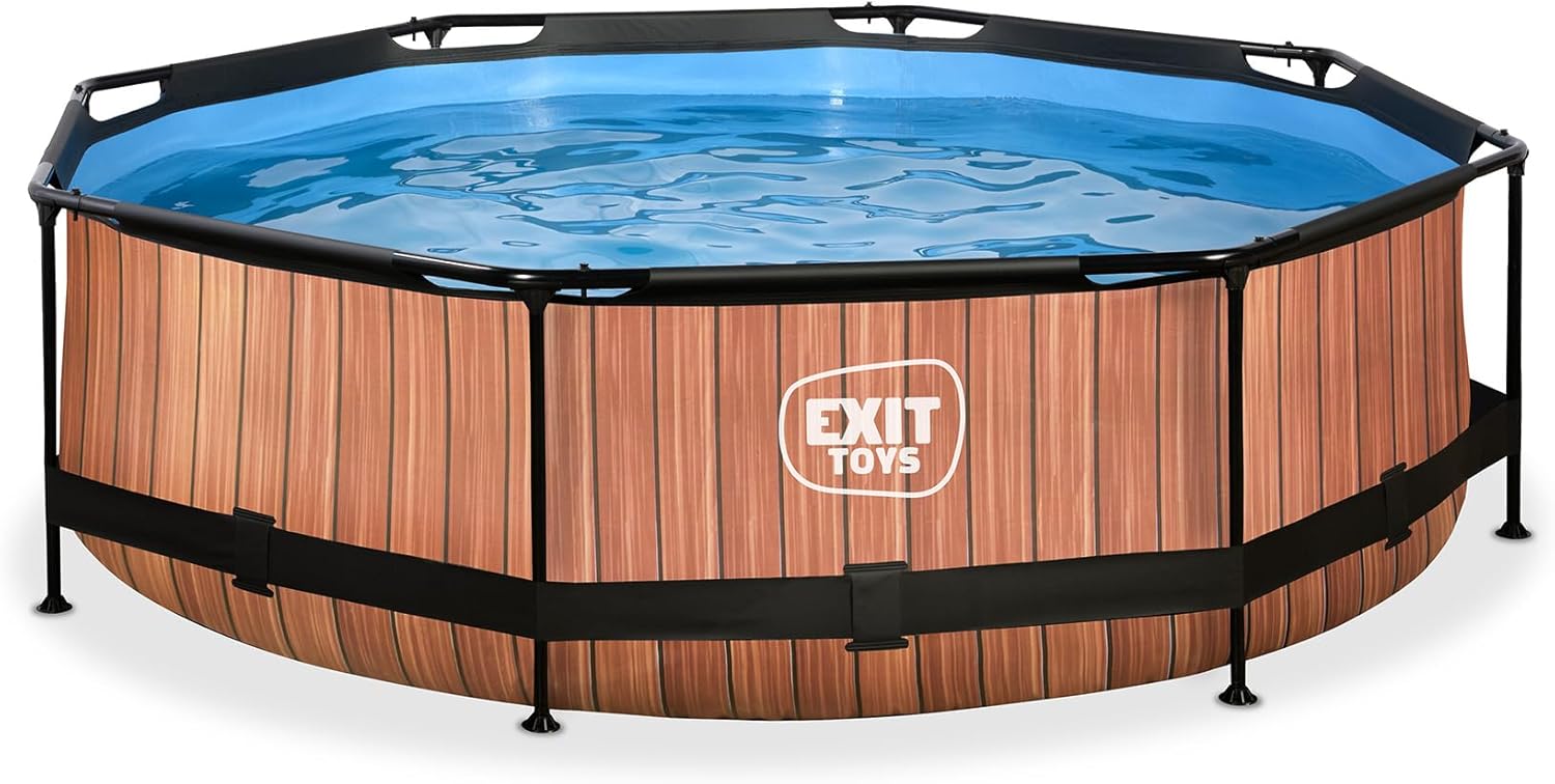 EXIT Toys Wood Pool - ø300x76cm - Runder Rahmenpool mit Kartuschenfilterpumpe - Leicht Zugänglich - Für Kleinkinder Geeignet - Starker Rahmen - Einzigartiges Design - Braun