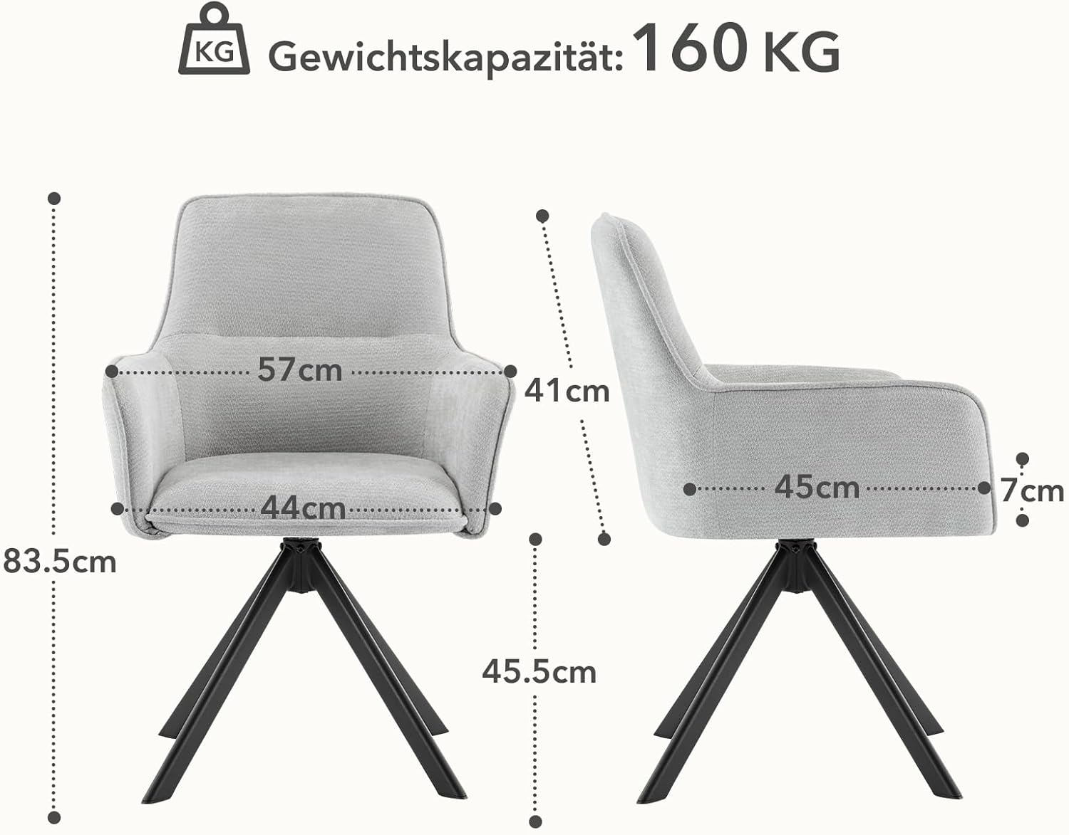 Esszimmerstühle Drehbar mit Armlehne 2er Set, 360°Drehbar Polsterstuhl Küchenstuhl aus Chenille, Stühle Esszimmer Schminkstuhl mit Metallbeine für Esszimmer Küche Schlafzimmer, Hellgrau