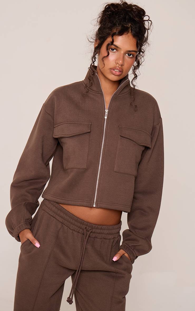 Chocolat Sweat-shirt Col Montant Avec Détails Poches