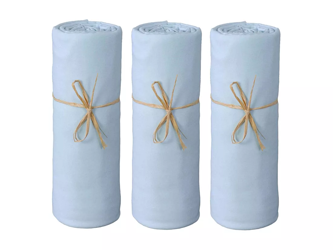 Lot de 3 draps housses bébé jersey bio bleu ciel 70x140