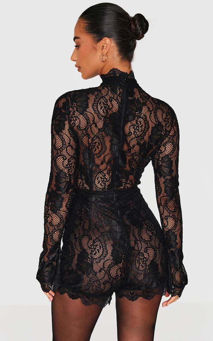 Noir Combinaison Ajustée Petite En Dentelle À Manches Longues