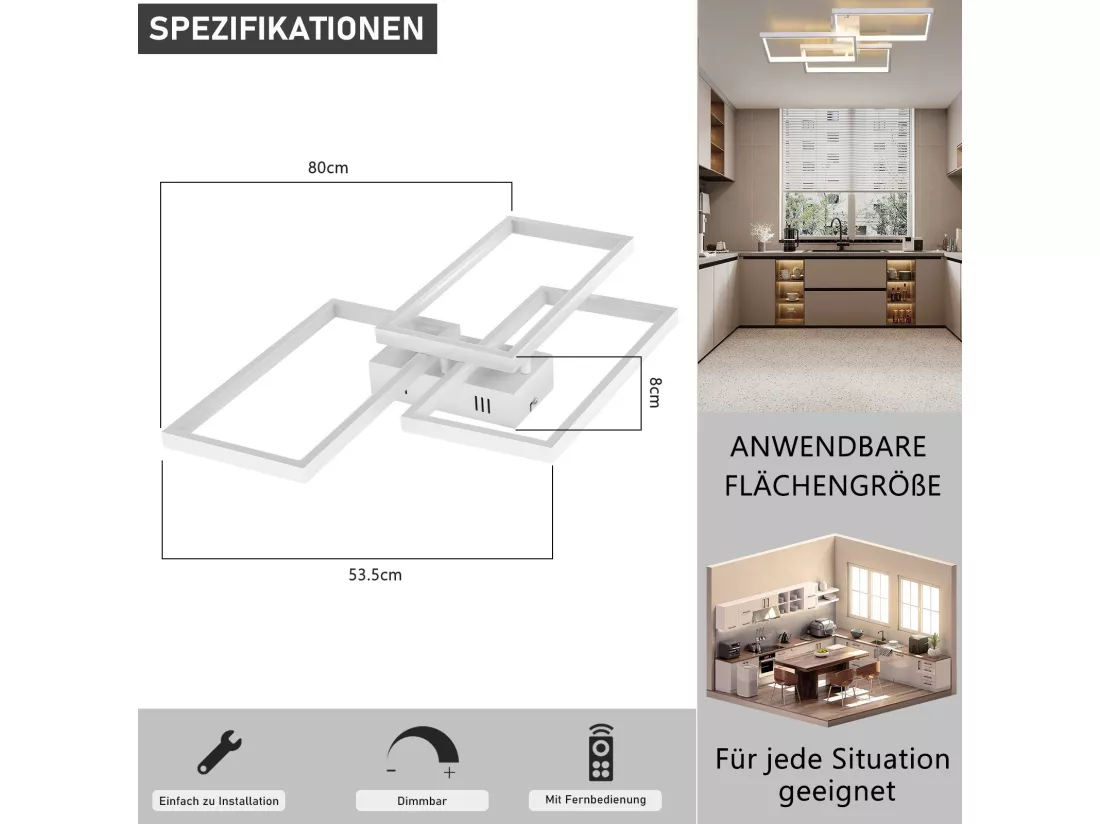 NETTLIFE Plafonnier LED en métal blanc 72W 80cm Lampe de salon moderne à intensité variable avec Design rectangulaire pour à coucher, chambres