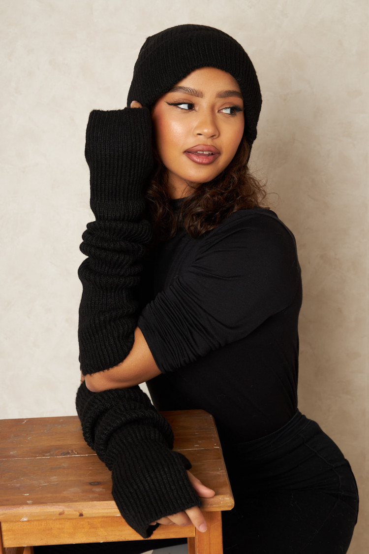 Ensemble 2 pièces bonnet et mitaine en laine noir
