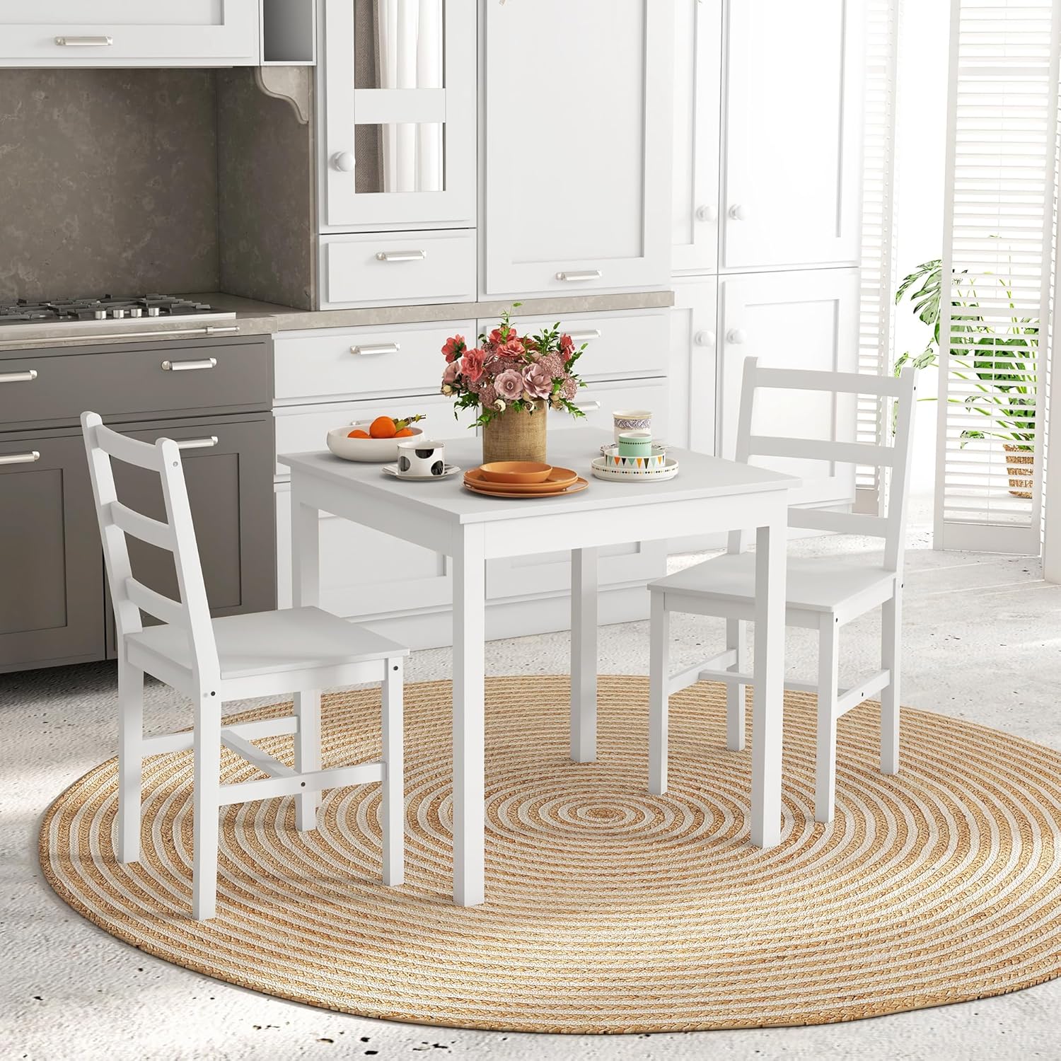 HOMCOM 3er-Set Essgruppe, Esstisch mit 2 Stühle, Esszimmergruppe für 2 Personen, Küchentisch-Set, Tischgruppe für Wohnzimmer, Küche, Platzsparend Weiß, Kiefernholz