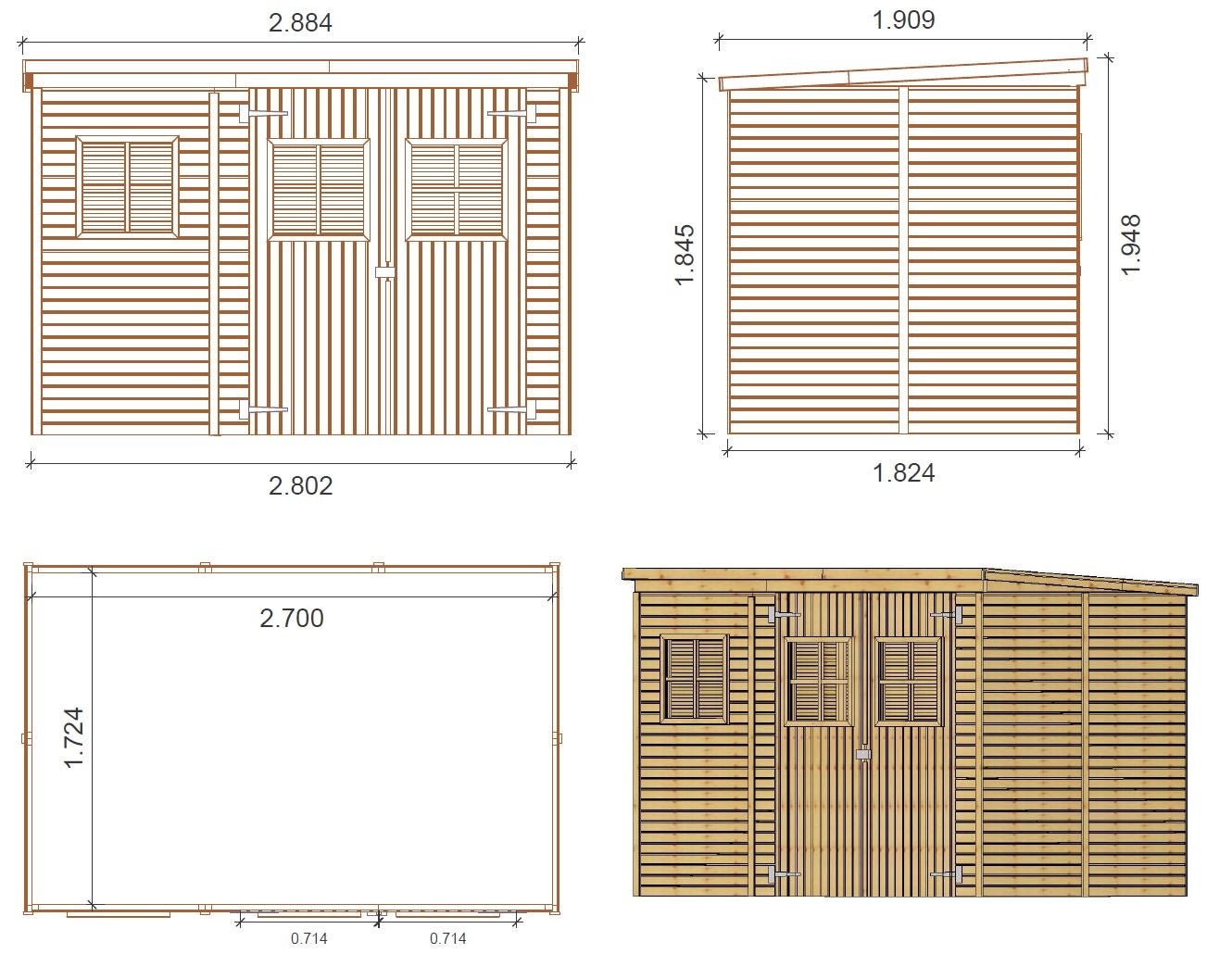 Tuinhuis, gereedschapsschuur 4,86m² - Afmeting: 2,70x1,80m - Kleur: Hout - inclusief montagemateriaal
