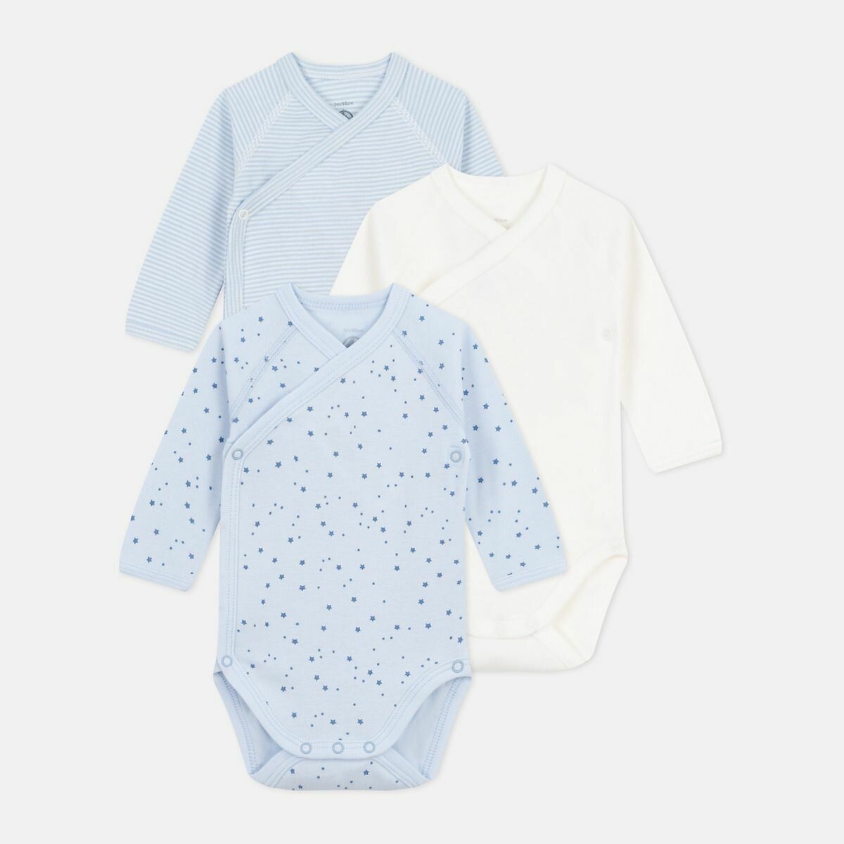 PETIT BATEAU<br>Conjunto de 3 macacões de manga comprida com decote transpassado