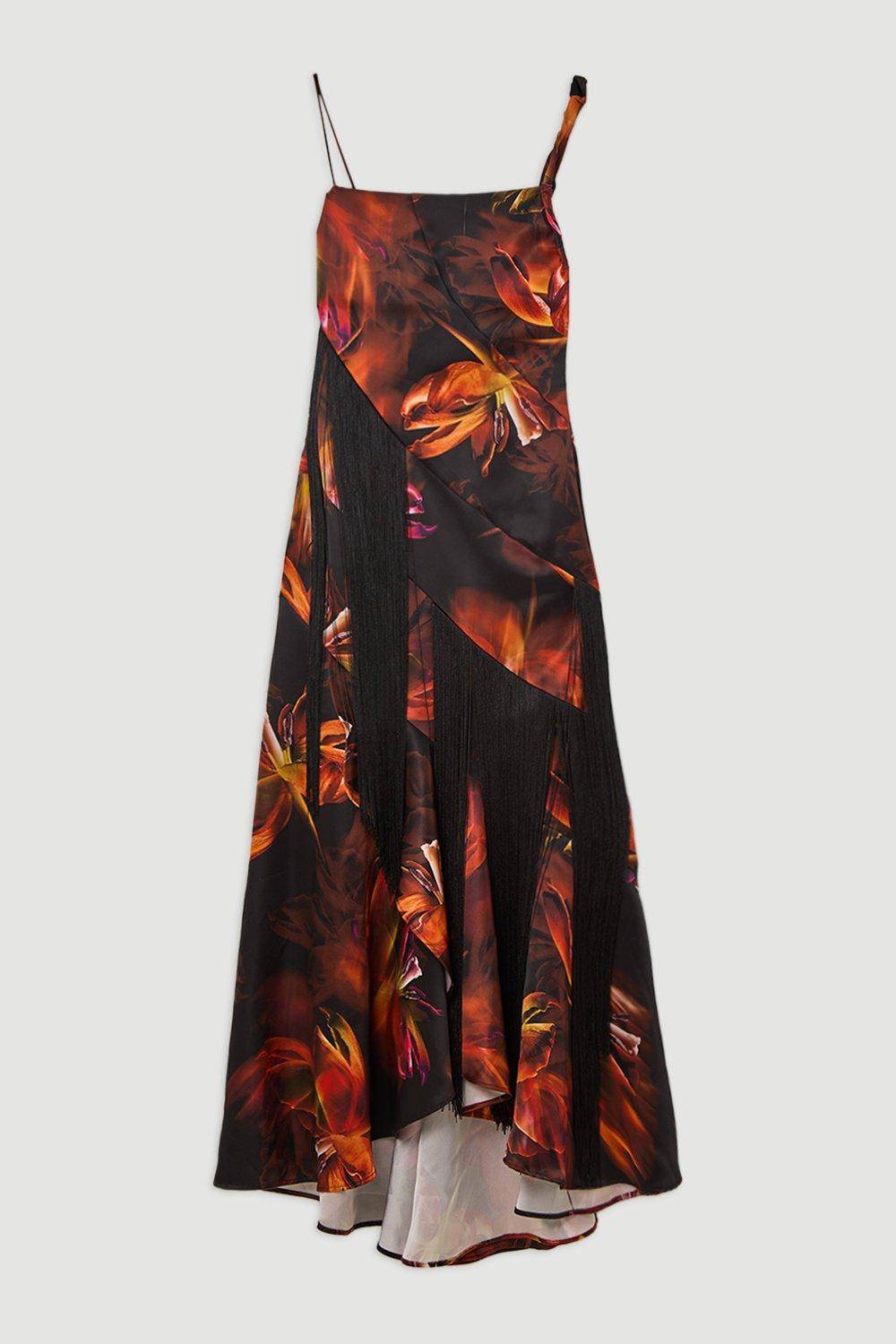 KarenMillen Robe Longue À Bretelles En Satin Lourd Tissé À Imprimé Floral Avec Panneaux À Franges