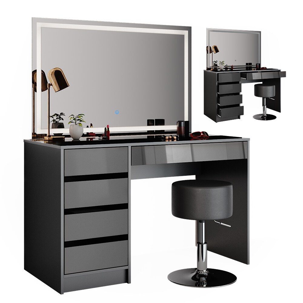 VICCO Schminktisch Sherry Anthrazit Hochglanz Frisiertisch LED Spiegel Hocker