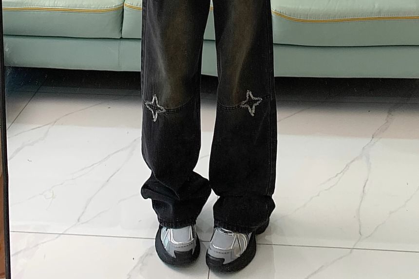 Bolgivy - Hoge taille, sterrengeborduurde, gewassen, losse jeans