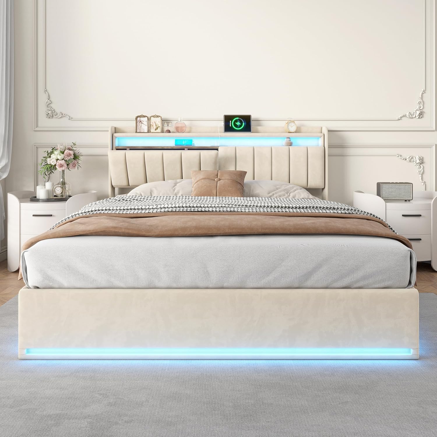 Polsterbett 140x200 mit Stauraum, Doppelbett mit LED/USB, Hydraulisch Stauraumbett, Jugendbett mit kopfteil und Lattenrost, Bettrahmen für Erwachsene, Samt (Beige, 140 x 200 cm)
