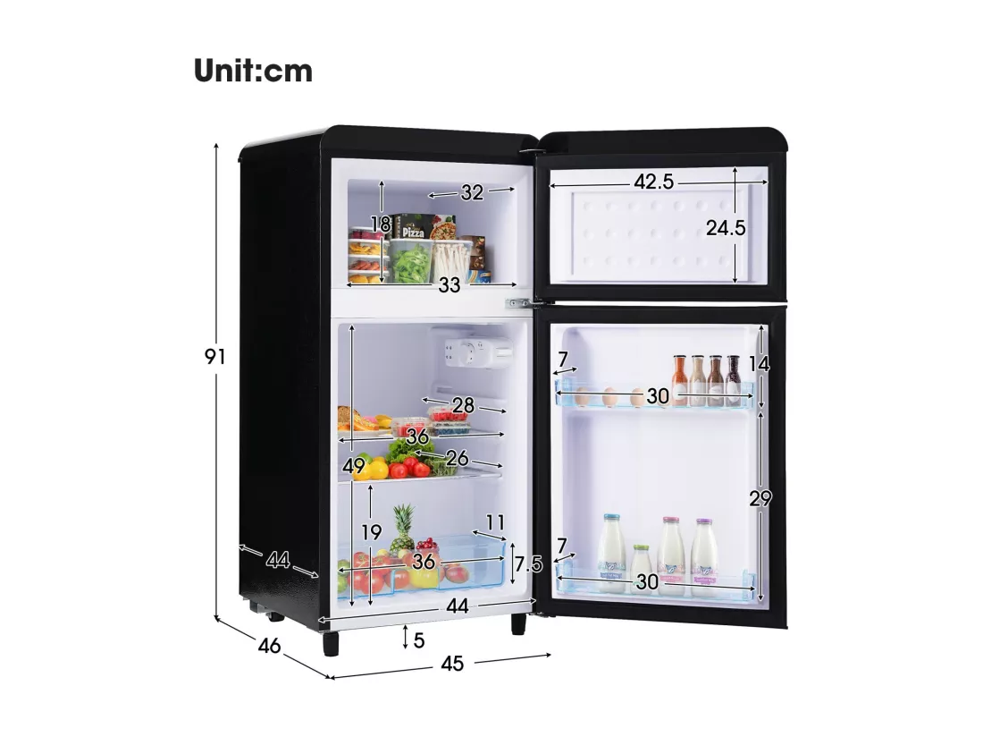 Réfrigérateur à double porte avec pieds réglables et roulettes - 72L - 120kWh/an - Faible niveau sonore de 39 dB - Classe E - 45x46x91cm