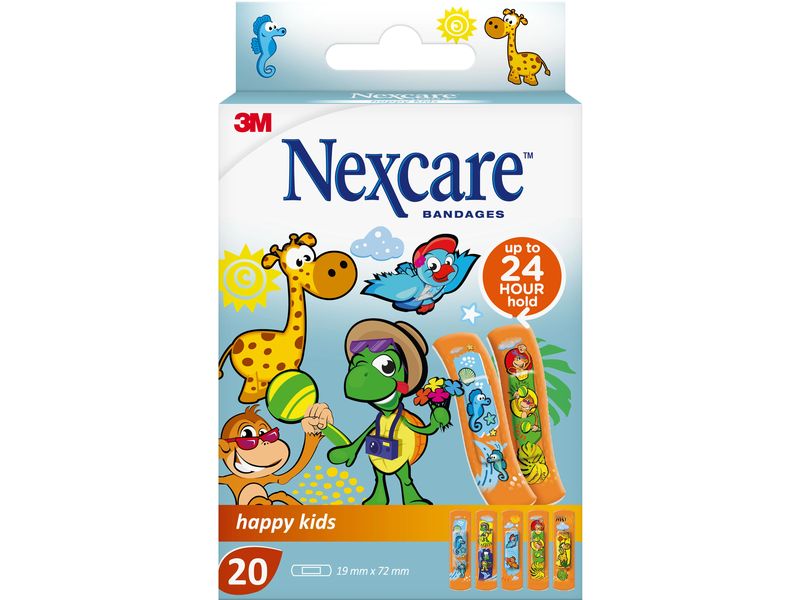 3M Nexcare Kinderpflaster Happy Kids, 19 mm x 72 mm 20 Stüc Bunte Wundpflaster für Kinder