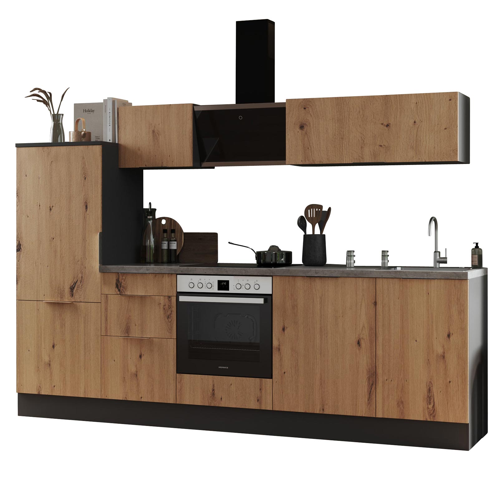RESPEKTA Küchenblock - Artisan Eiche - grau matt - mit E-Geräten - 280 cm