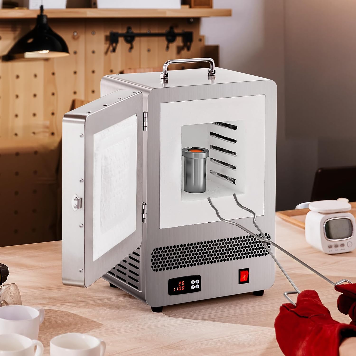 VEVOR Tisch-Schmelzofen 1500 W leistungsstarker elektrischer Ofen 1200 ℃ maximale Temperatur, Goldschmelzofen aus Edelstahl für Wachsguss Ton-DIY Metalltemperierung Glasieren auf Keramik, Silber