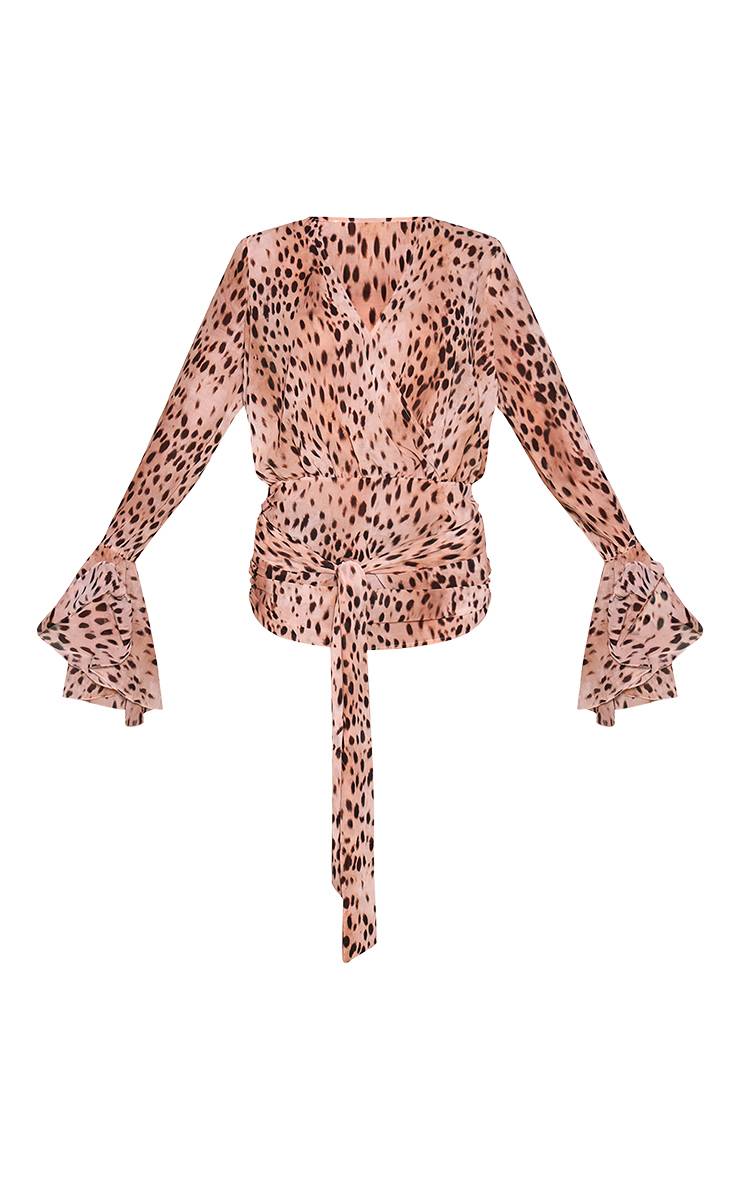 Marron Blouse Longue En Mousseline Imprimé Léopard À Manches Exagérées