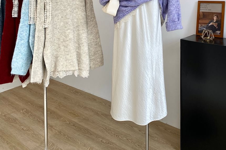 DIYI - Lange mouw off-shoulder gebreide trui met strikaccent en kant