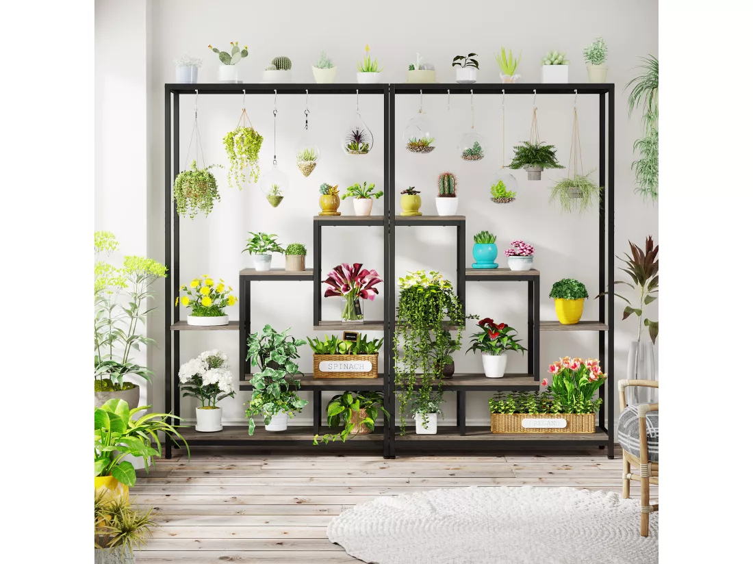 Tribesigns Support pour plantes d'intérieur à 5 niveaux - Étagère en métal de 180,1 cm avec 10 crochets de suspension en S - Pour intérieur, jardin, balcon, salon - Noir et Gris