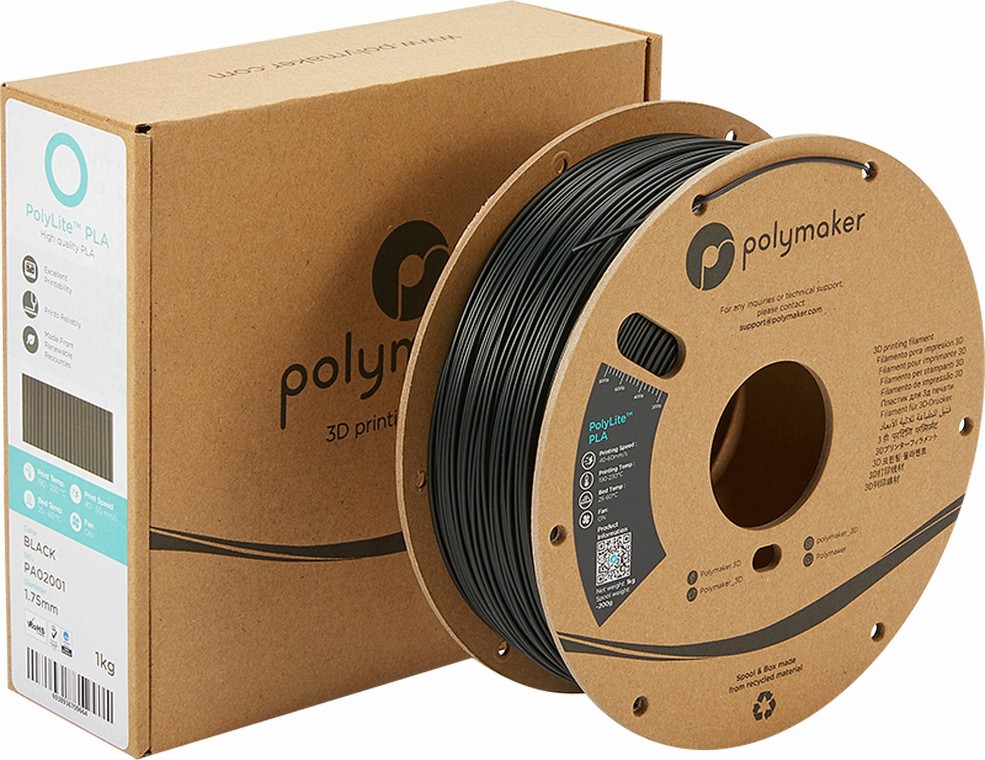 Polymaker  PolyLite PLA Schwarz, 1,75 mm / 3000 g    Hochwertiges günstiges PLA von Polymaker in Schwarz