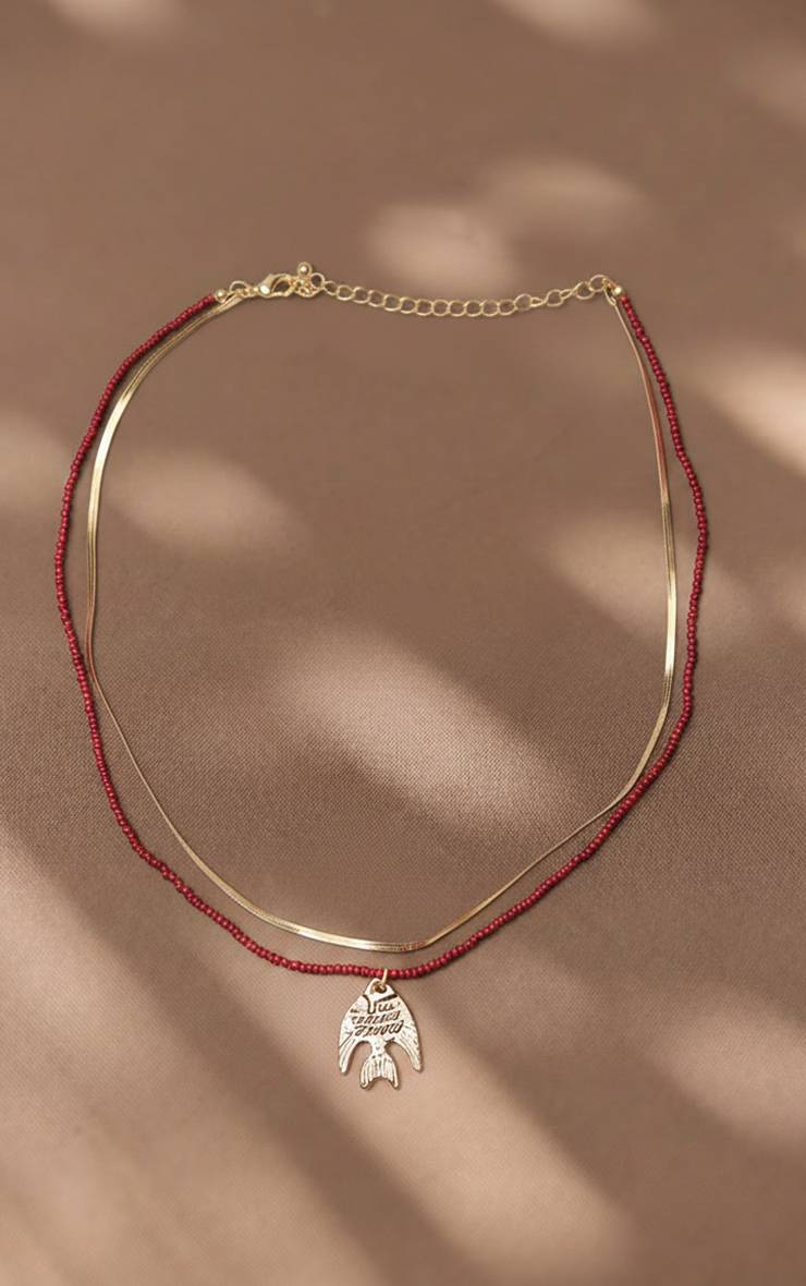 Rouge Collier Superposé Avec Perles Et Pendentif Poisson