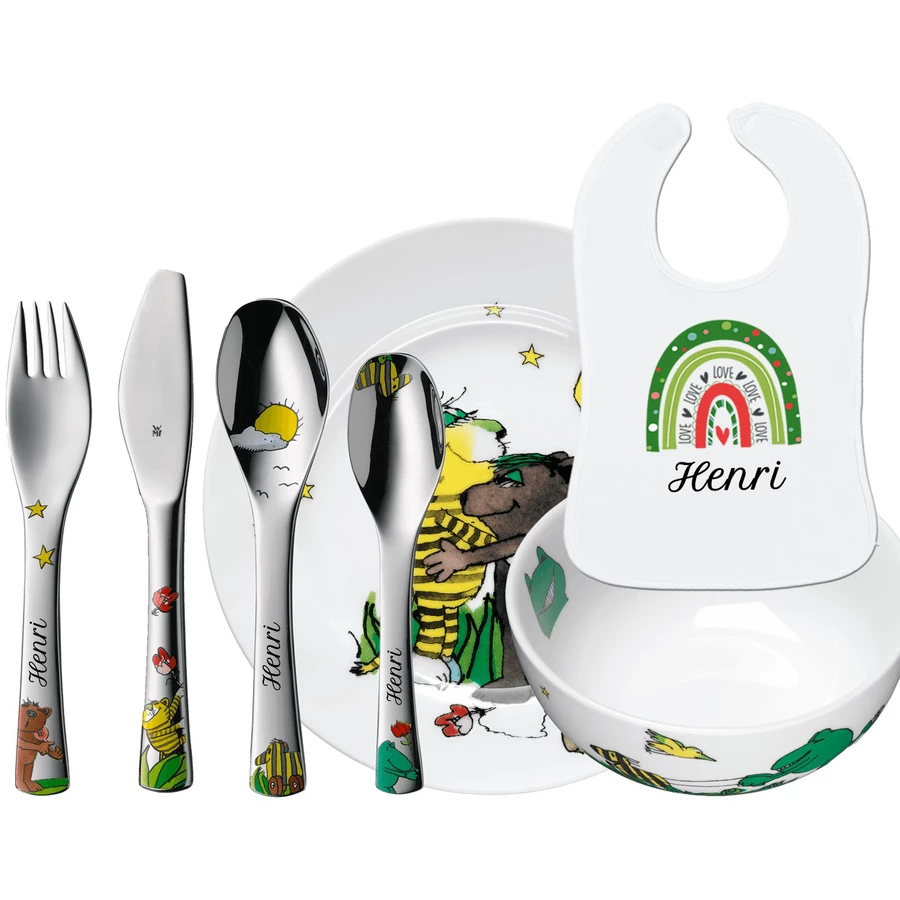 Schnullireich Geschenkset mit Namen Janosch: WMF Kinderbesteck + TellerSchale+ Lätzchen Silber