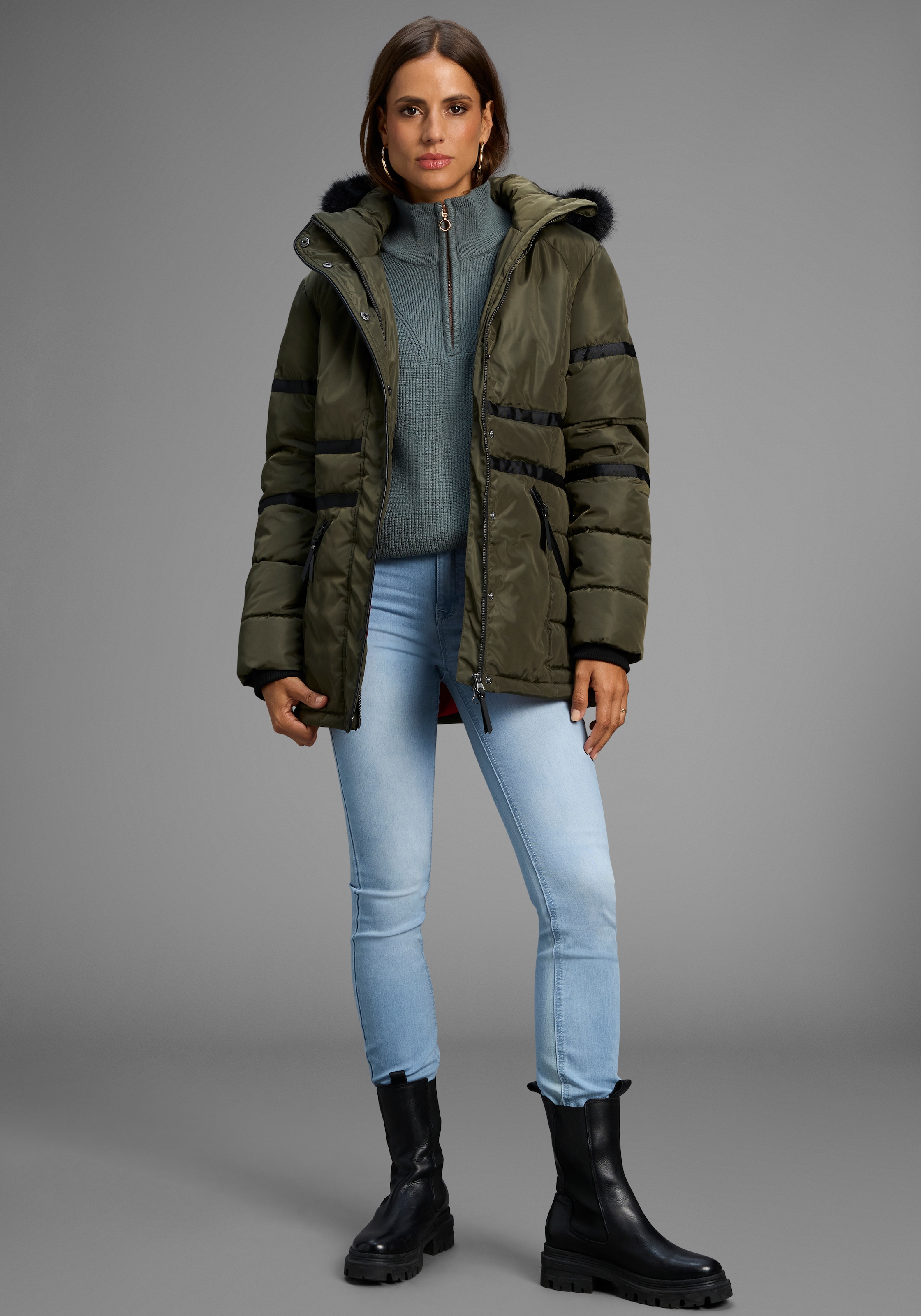 Laura Scott Winterjacke mit Kapuze mit abnehmbarer Kapuze und Fellimitat