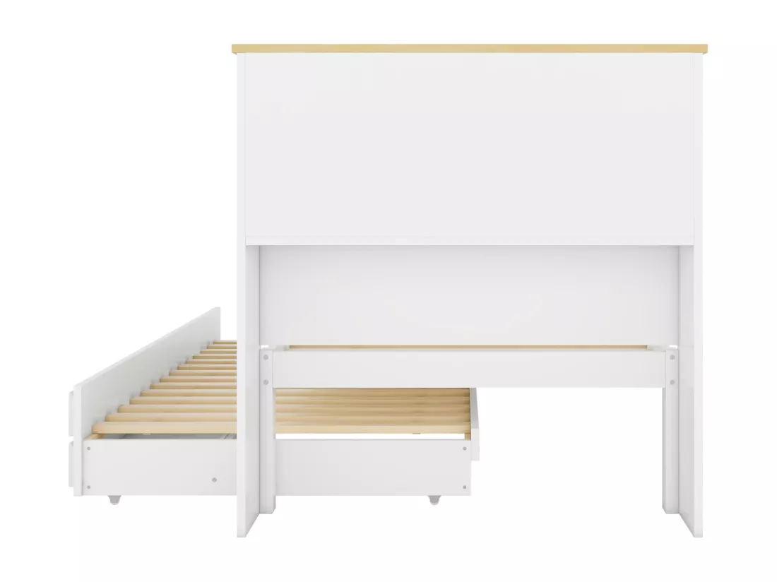 Lit gigogne 90x200cm+90x190cm, avec 3 tiroirs, avec sommier à lattes et tête de lit avec plusieurs rangements, blanc