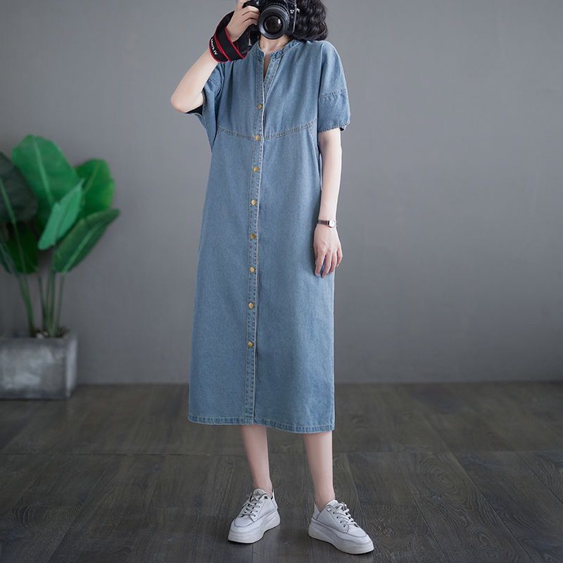 INEN - Maxi-jurk met korte mouwen en V-hals van gewassen denim