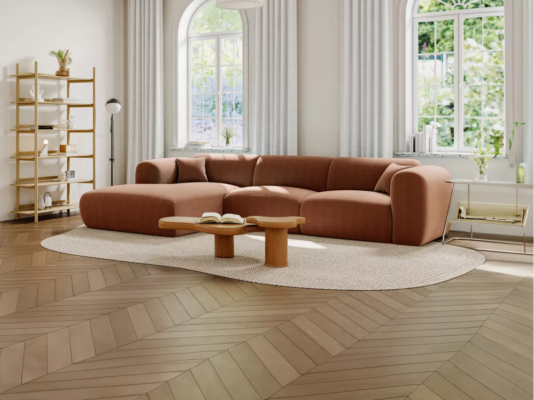 Grand canapé d'angle gauche en tissu texturé terracotta POGNI de Maison Céphy