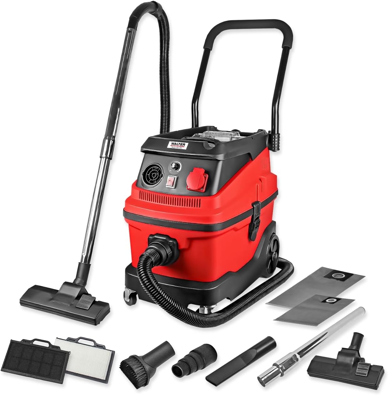 WALTER Industriestaubsauger 3-in-1 mit Wasserfilter, 1600 W, 230 V, Nass- & Trockensauger, mit Steckdose für Synchronbetrieb, Starke Saugleistung bis zu 18 KPa, inkl. umfangreichen Zubehör-Set