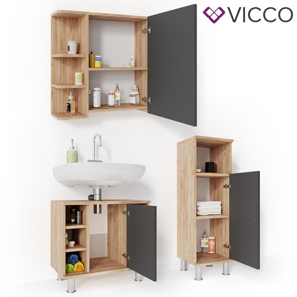 VICCO Badmöbel Set FYNN Eiche Anthrazit Spiegelschrank Unterschrank Badschrank