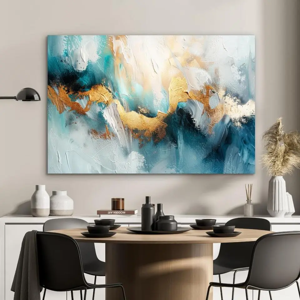 MuchoWow Aluminium Schilderij 90x60cm Abstract Kunst Gold Blauw