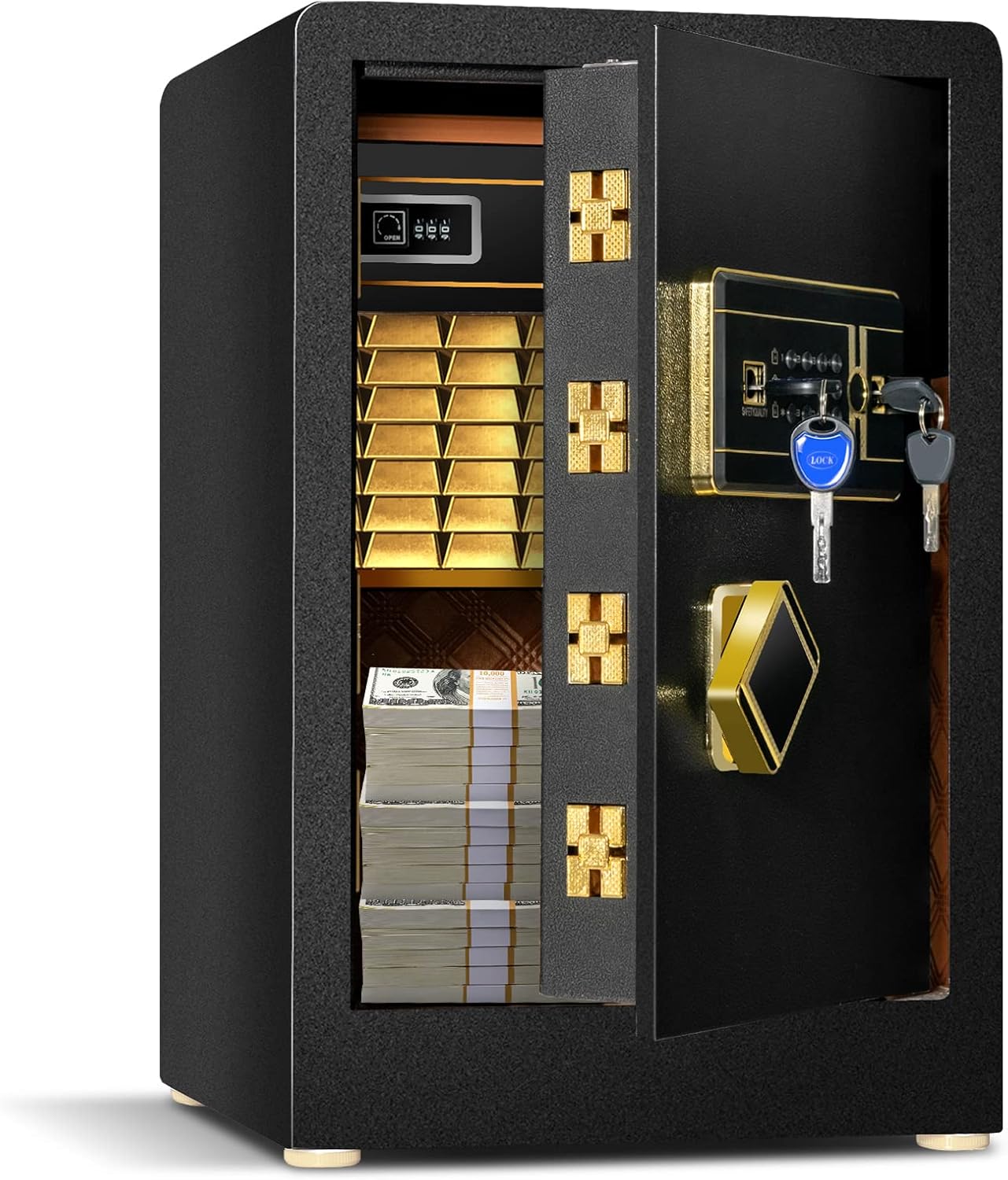 COSTWAY 42,5L Tresor feuerfest für Zuhause, Elektronik Safe mit integriertem Mini Tresor & Zufallszahlen-Tarnung & Alarmsystem, höhenverstellbar & abnehmbar Ablage, inkl. 2 Haupt- & 2 Notschlüssel
