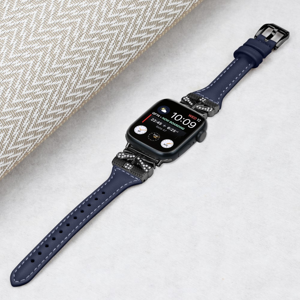 Apple Watch (42/41/40/38 mm) Leder Armband im Slim Design mit schwarzer Glitzerstein-Schnalle (Gelenkumfang: 175-220mm) - Dunkelblau