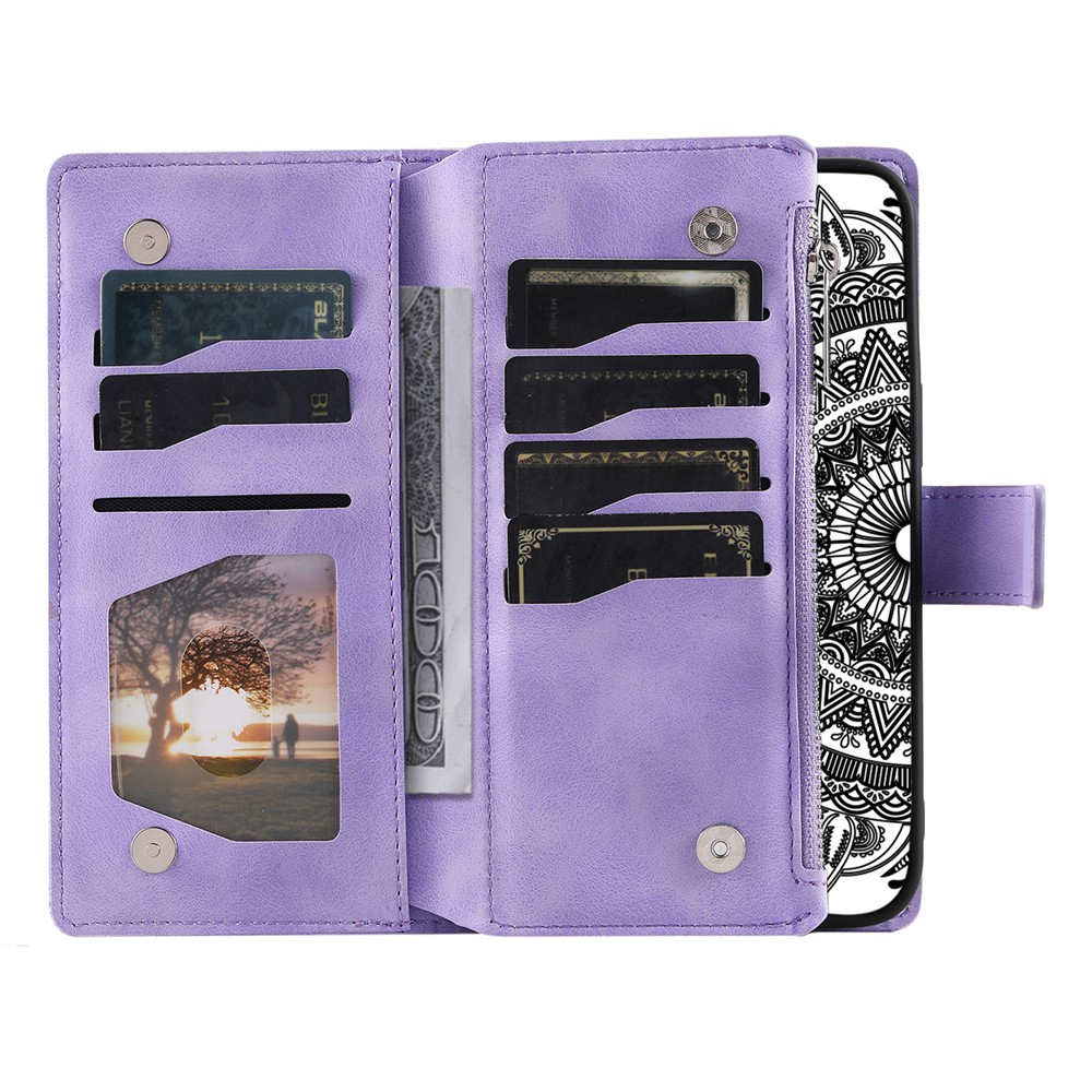Samsung Galaxy S25 FE Leder Tasche Flip Cover mit Reissverschluss - Mandala Flowers Imprint - Lila