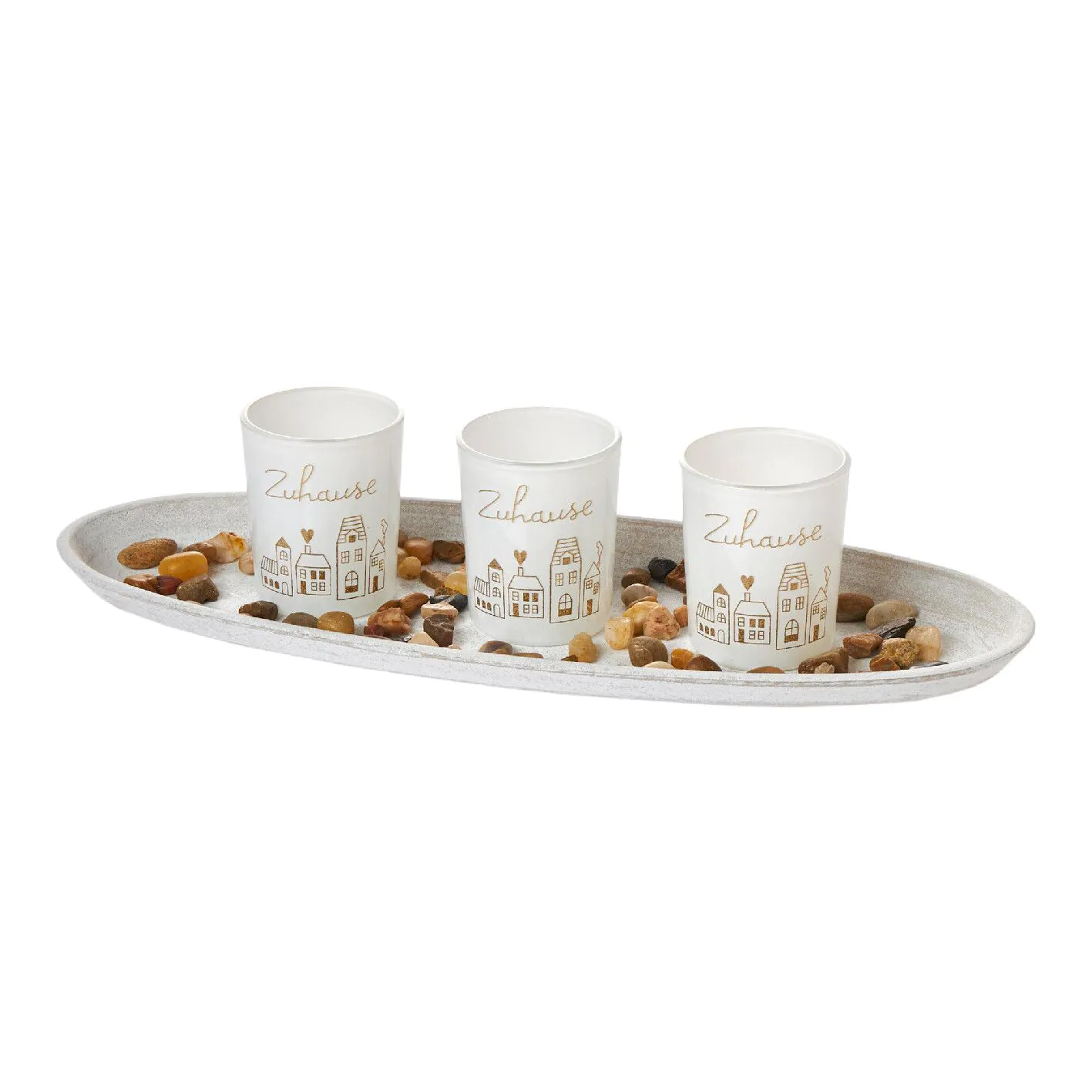 Deko-Tablett Zuhuase mit 3 Windlichtern, gold