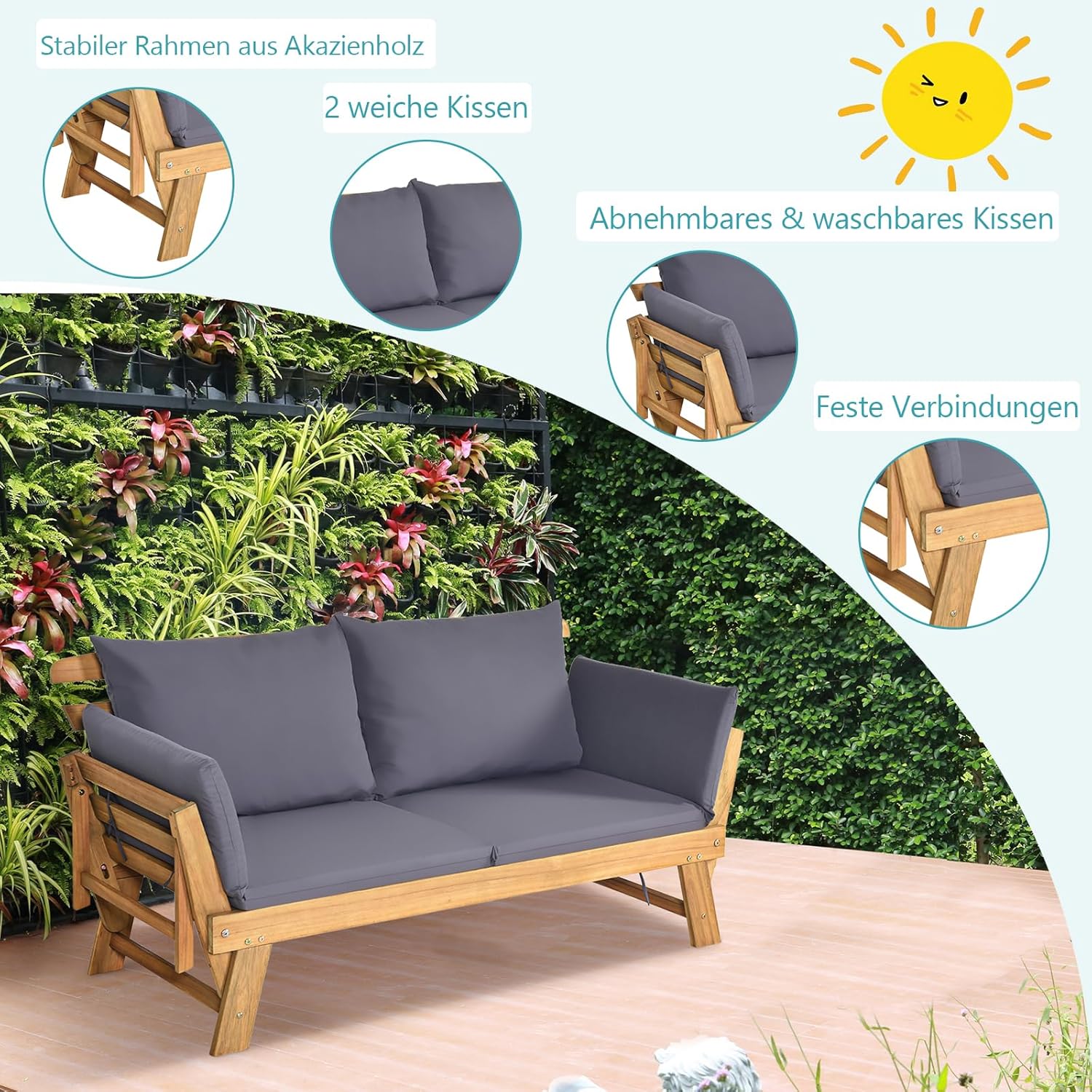 GOPLUS Gartenbank Holz, Gartensofa mit Liegefunktion, 2-3 Sitzer Holzbank mit klappbaren Seitenlehnen, inkl. Auflage, Balkonbank, Sitzbank Outdoor für Garten, Terrasse, Balkon, 157 x 75 x 75cm (Grau)