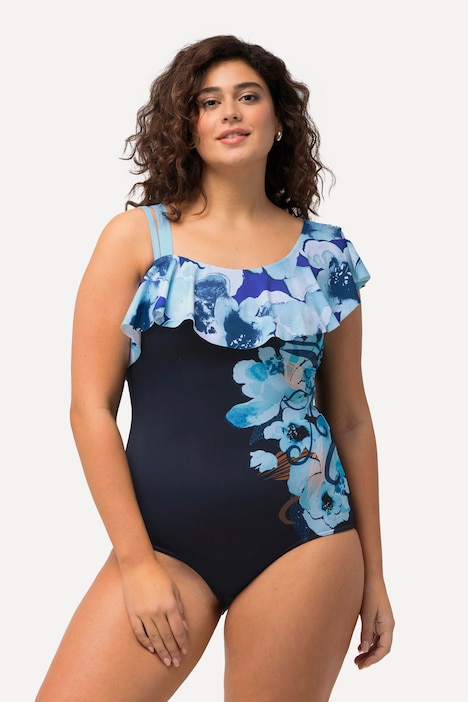 One-Shoulder-Badeanzug, Blüten, Softcups, Volant