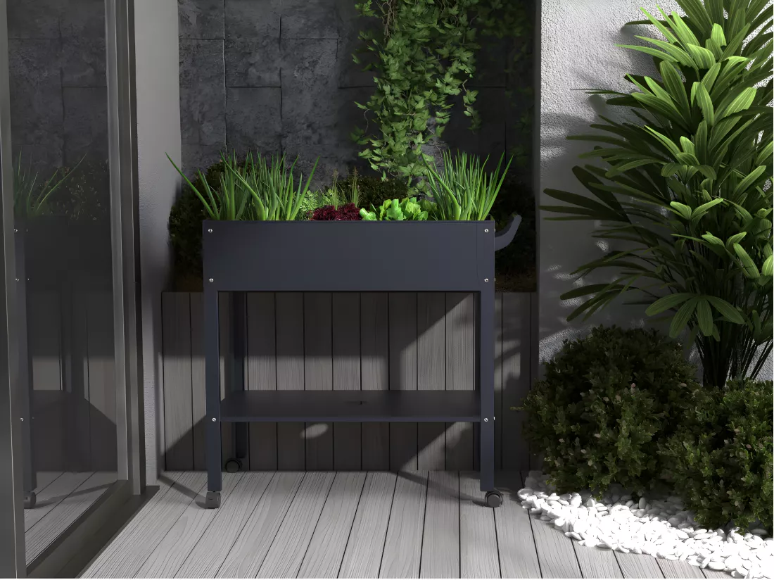 Jardinière sur pied à roulettes en acier anthracite - L90,5 x P43 x H83 cm - MELISSE